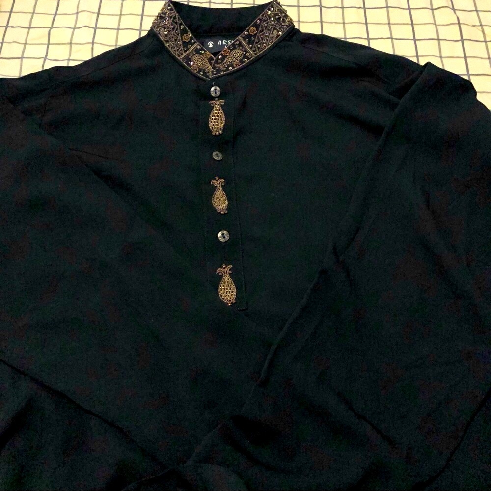 Mens Pakistani 2 Piece Black Band Collar Shalwar Kameez  Embellished Neckline